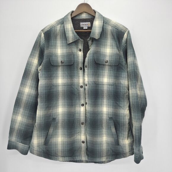 Carhartt Womens Hubbard Sherpa Lined Shirt Jacket Green Plaid Size Large - Picture 1 of 4